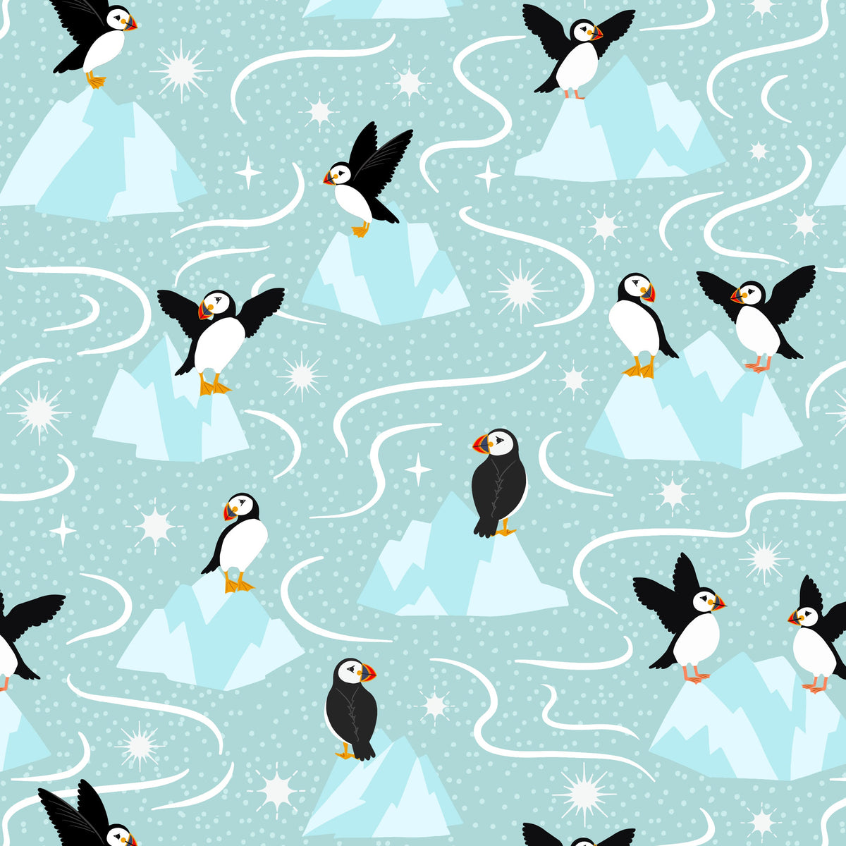 A repeating winter pattern featuring puffin birds, icy blue mountains, and white wavy lines on a light aqua background.