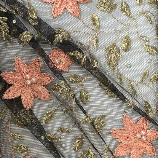 Embroidered tulle peach on black 60 inches wide image 0